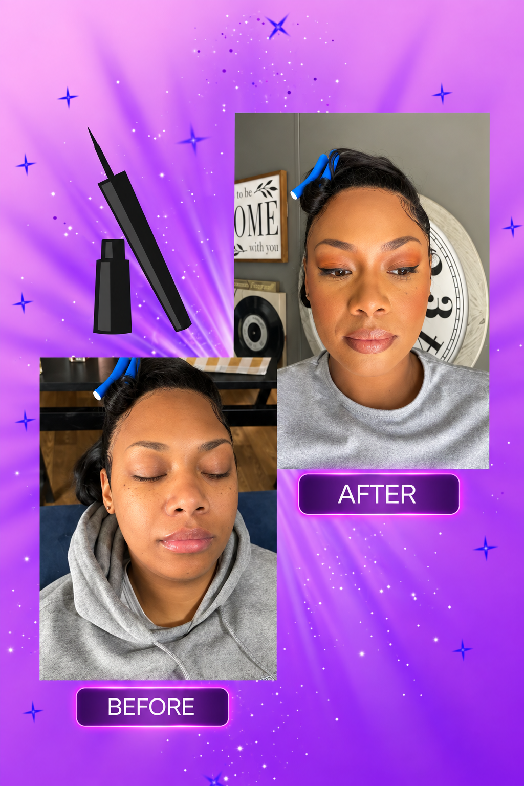Before-and-after makeup transformation showing a client with natural skin and then finished soft glam makeup