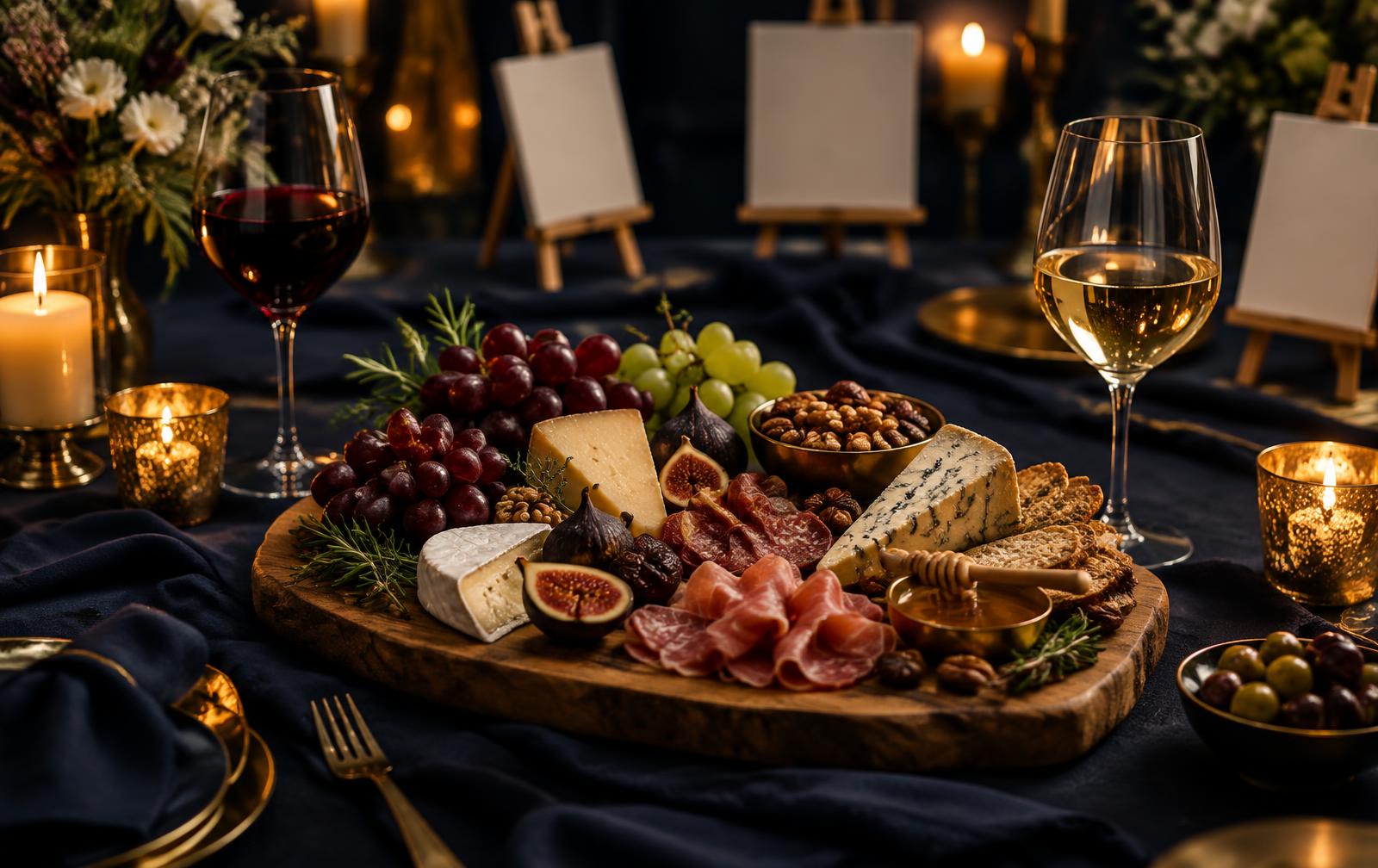 Candlelit artisan charcuterie and wine pairing with canvases on easels in the background