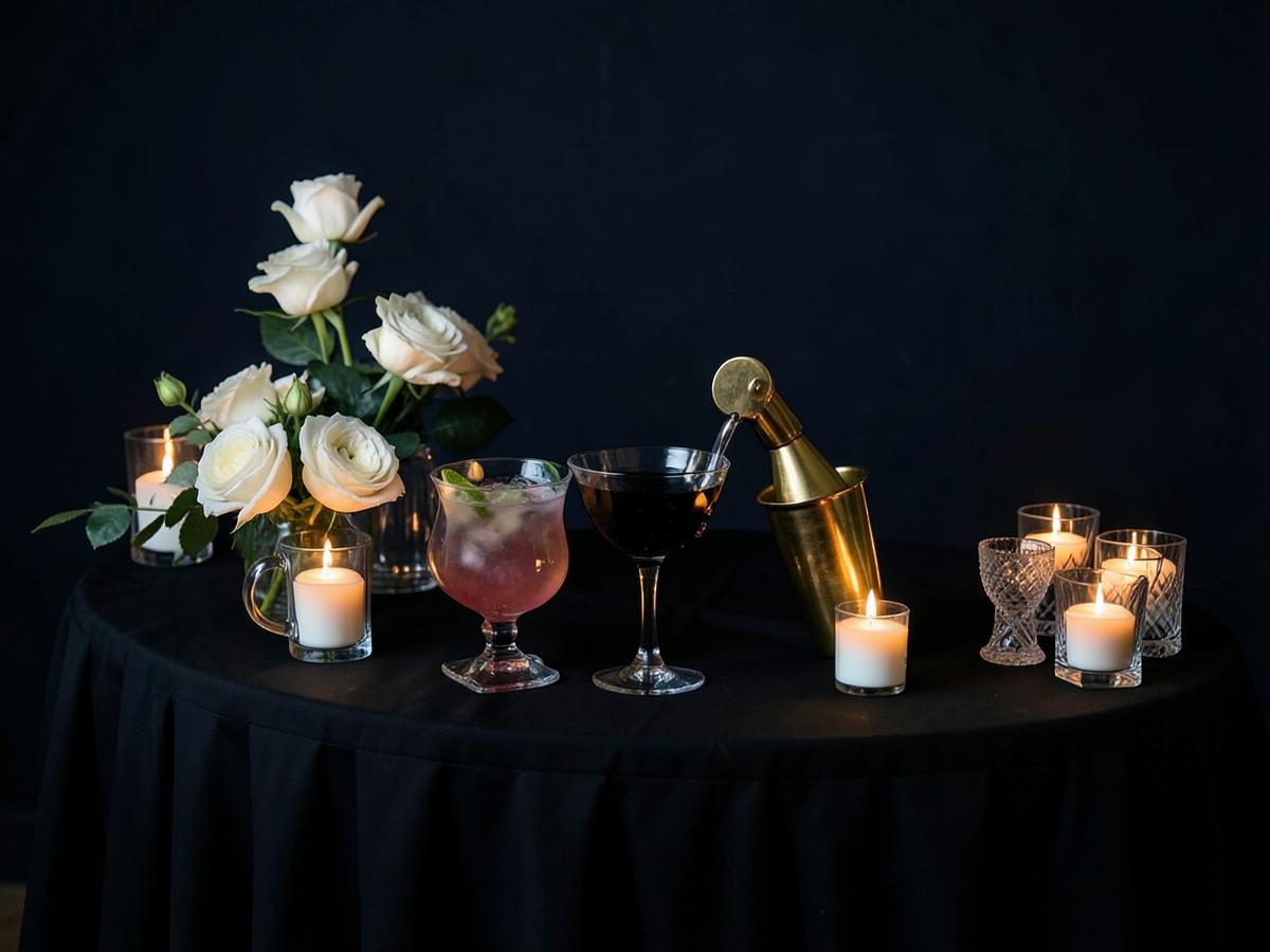 Elegant cocktail setup with gold shaker, candles, and white roses