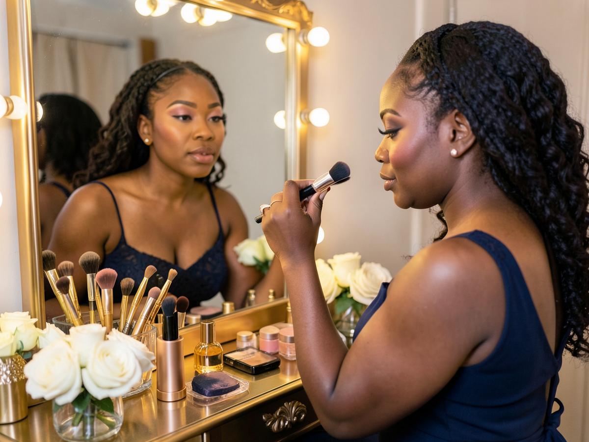 Makeup artistry at a lit vanity with gold brushes and white roses