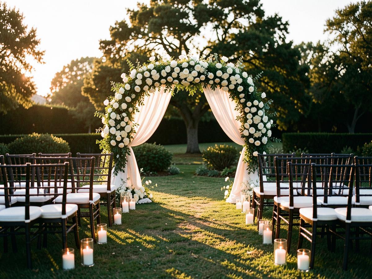 Floral ceremony arch with draped fabric and candles at golden hour